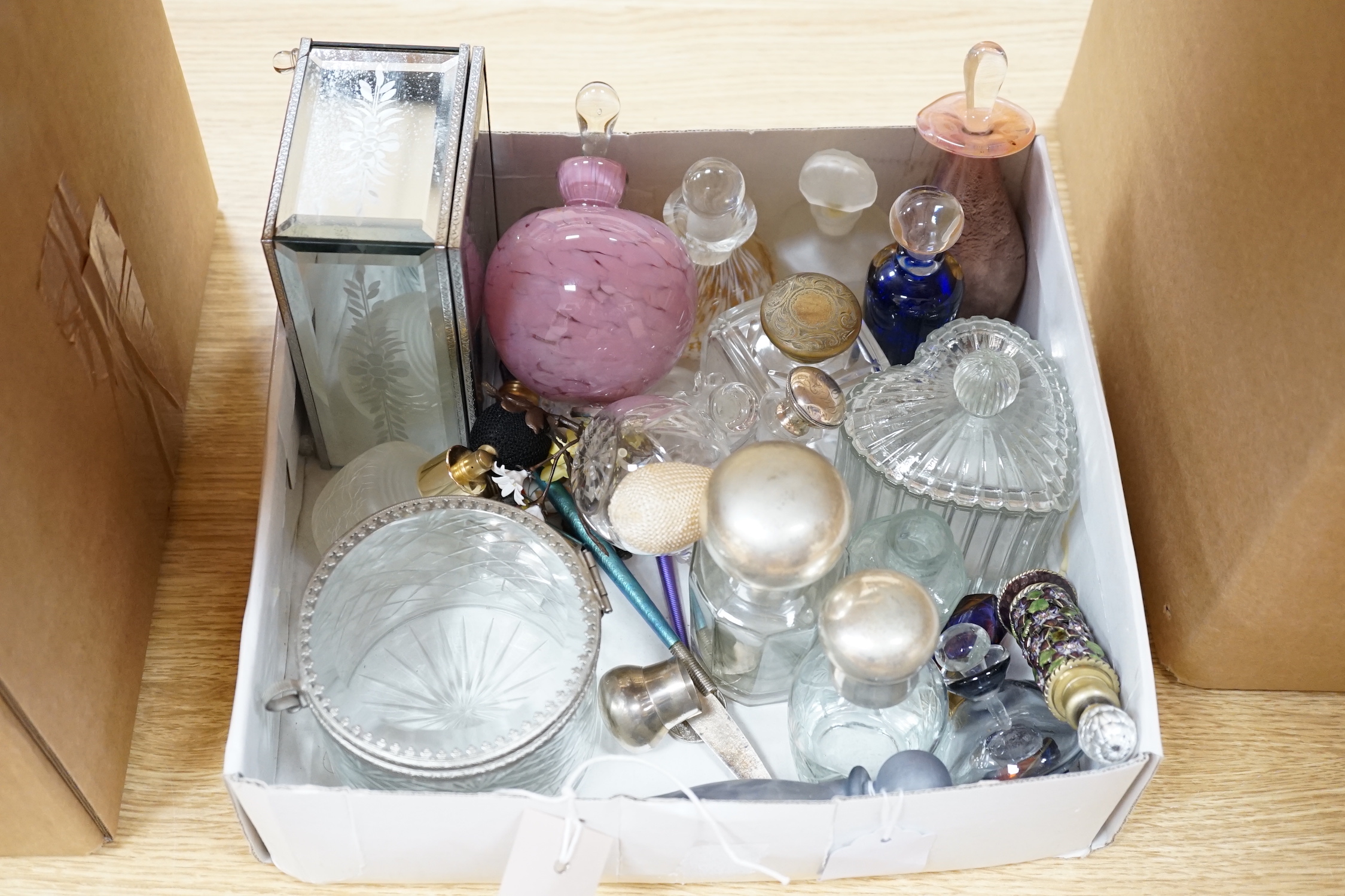 Collection of mixed glass and metalware including, art glass scent bottles, cased plated grape scissors, mugs and a photo frame